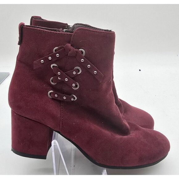 Wine Red Suede Ankle Boots With Chunky Heel & Side Zipper Sz 7.5 - Picture 1 of 7